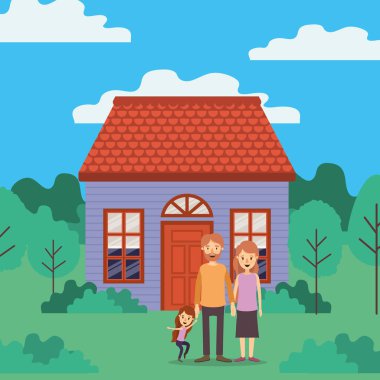 Anne baba kız ve ev vektör tasarımı