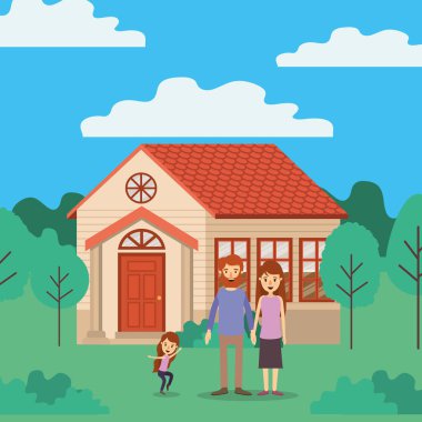 Anne baba kız ve ev vektör tasarımı
