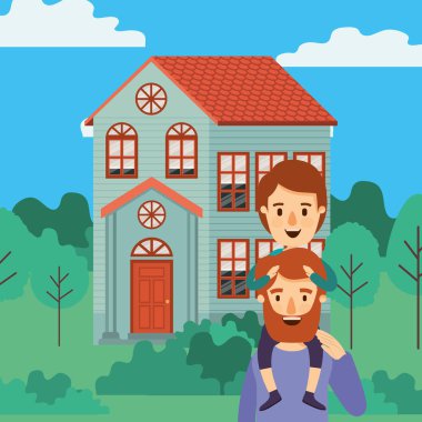 Baba oğul ve ev vektör tasarımı