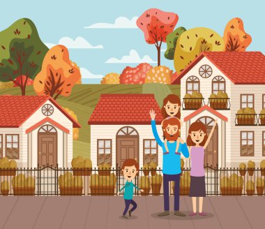 Anne baba kız oğul ev ve ağaç vektör tasarımı