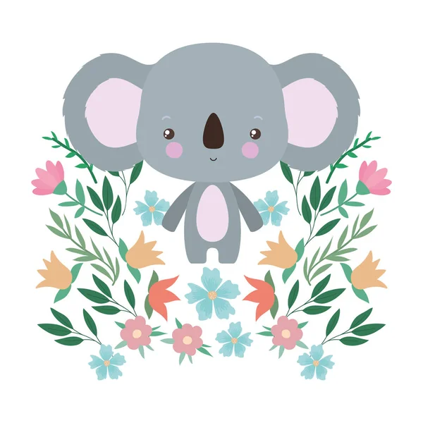 Милая коала с цветами и листьями векторного дизайна — стоковый вектор