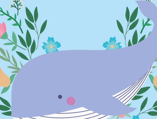 Leuke walvis met bloemen en bladeren vector ontwerp — Stockvector