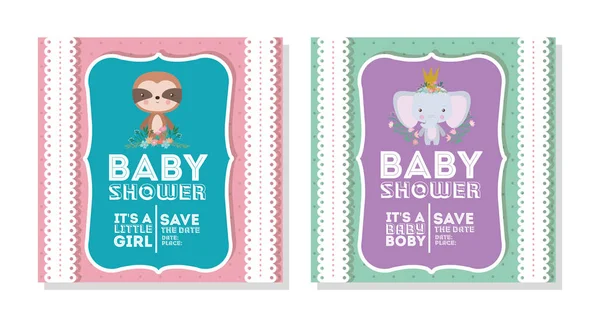 Baby shower invitation with elephant and sloth cartoon vector design — Stock Vector
