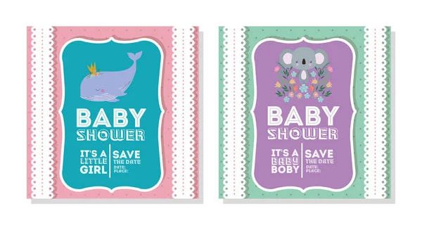 Bebé ducha invitación con ballena y koala diseño de vectores de dibujos animados — Vector de stock