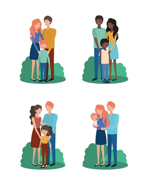 Set of mother father kids and shrubs vector design — 스톡 벡터