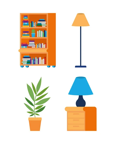 Libros de muebles aislados lámparas y diseño de vectores de plantas — Vector de stock