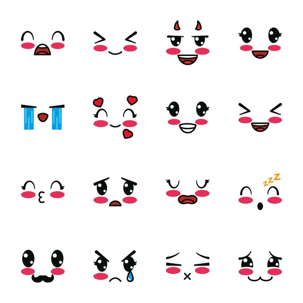 Isoliert kawaii cartoon face icon set vektordesign — Stockvektor