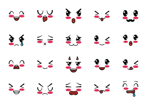 Isoliert kawaii cartoon face icon set vektordesign — Stockvektor