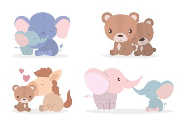Filler atlar ve ayılar anneler ve yavrular vektör tasarımı