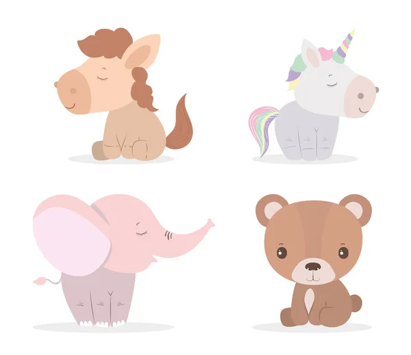 Cute bear unicorn horse and elephant cartoon vector design — 스톡 벡터