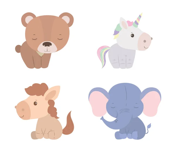 Cute bear unicorn horse and elephant cartoon vector design — Stock Vector
