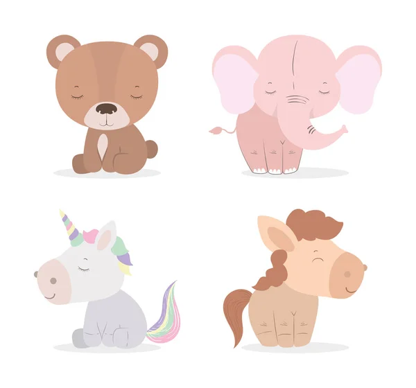 Leuke beer eenhoorn paard en olifant cartoon vector ontwerp — Stockvector