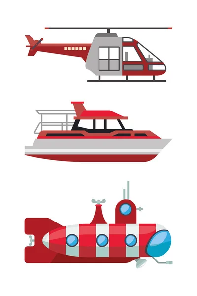 Rode helikopter boot en onderzeeër voertuigen vector ontwerp — Stockvector