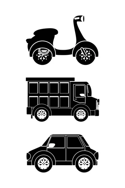 Silhouet van motorfiets vrachtwagen en auto voertuigen vector ontwerp — Stockvector