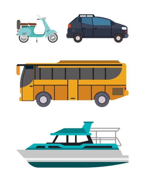 Motorcycle car bus and boat vehicles vector design — Stock Vector