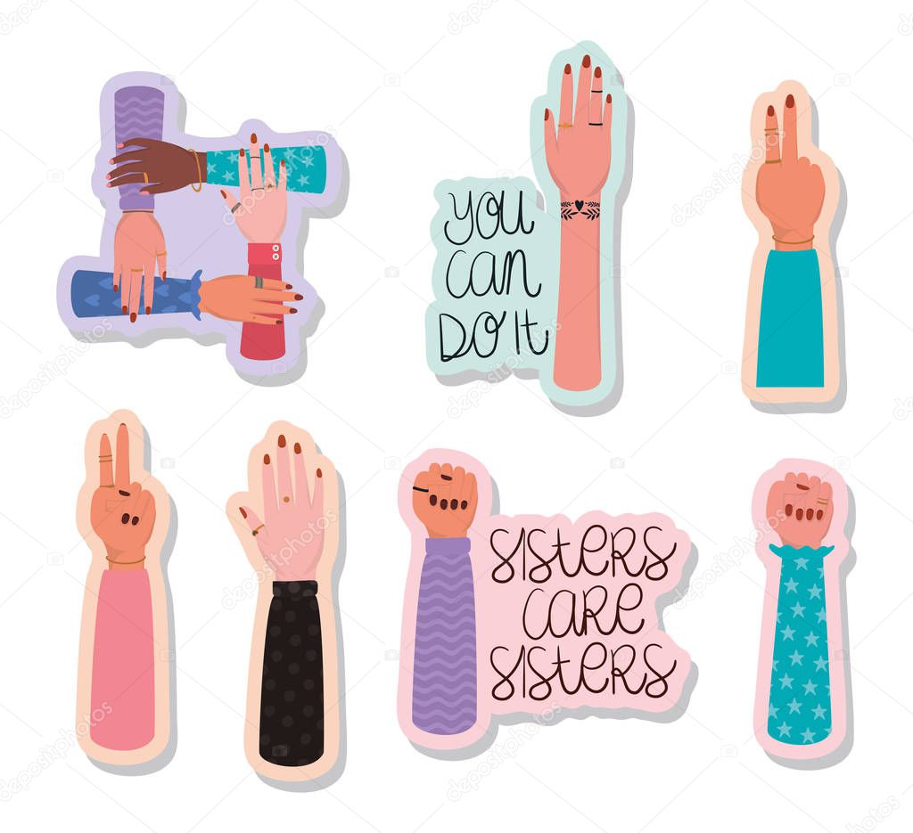 Hands and texts stickers set of women empowerment vector design