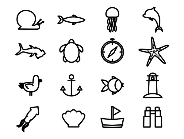 Icono de estilo de silueta de vida marina aislado conjunto de vectores de diseño — Vector de stock