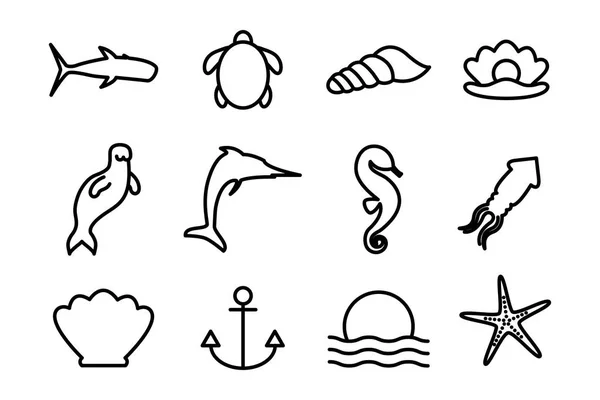 Isolado vida marinha silhueta estilo ícone conjunto vetor design —  Vetores de Stock