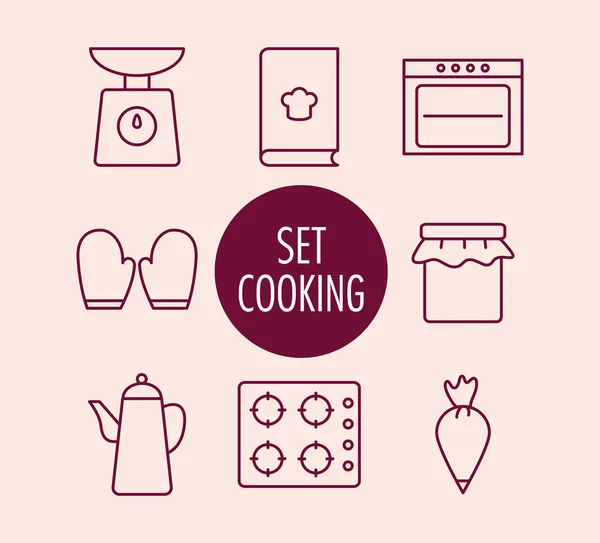 Isolé cuisinier et cuisine style ligne icône set vectoriel design — Image vectorielle