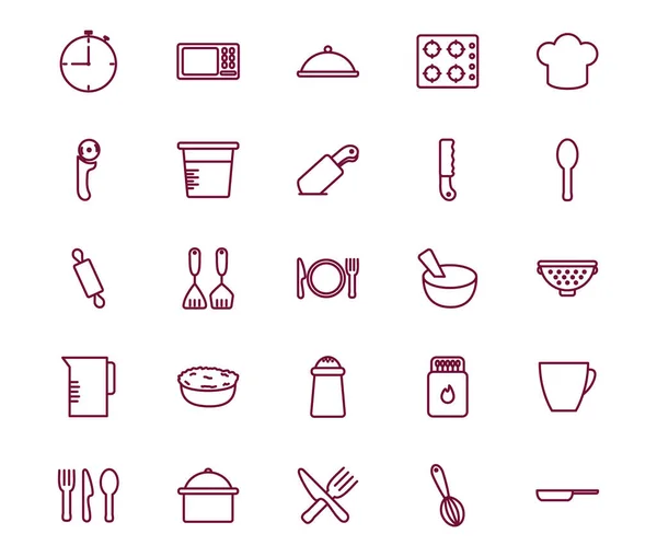 Geïsoleerde kok en keuken lijn stijl pictogram set vector ontwerp — Stockvector