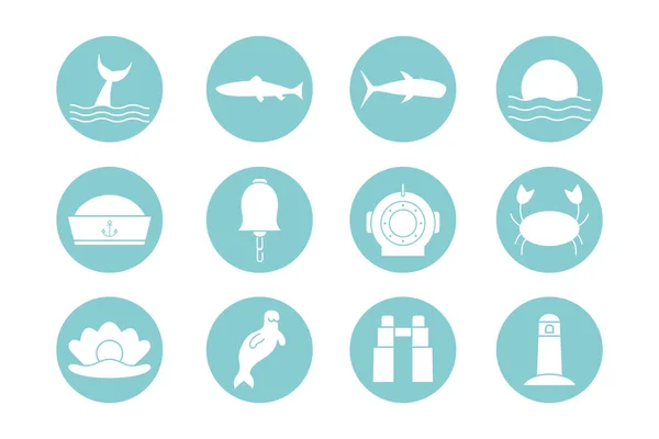 Isolated sea life block style icon set vector design — Stock Vector