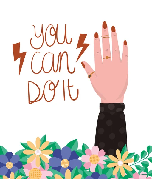 Hand met bloemen en bladeren van vrouwen empowerment vector ontwerp — Stockvector