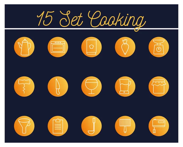Isolé cuisinier et cuisine 15 style bloc icône set vectoriel design — Image vectorielle