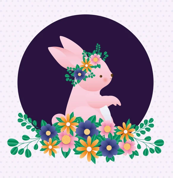 带着花的快乐的复活节兔子带着尖尖的背景矢量设计 — 图库矢量图片