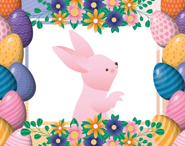 Szczęśliwy królik wielkanocny wewnątrz kwiaty i jaja ramki wektor projektu — Wektor stockowy