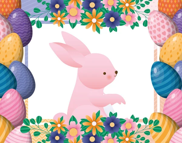 Щасливий великодній кролик всередині квітів і яєць рамка Векторний дизайн — стоковий вектор