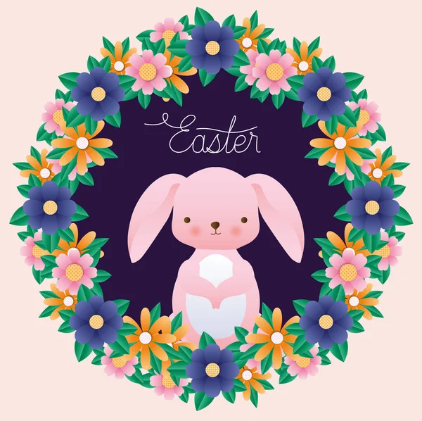 Happy easter rabbit inside crown flowers vector design — Stock Vector