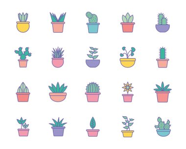 Tencere çizgisi içinde izole edilmiş bitkiler ve biçim ikonu vektör tasarımı