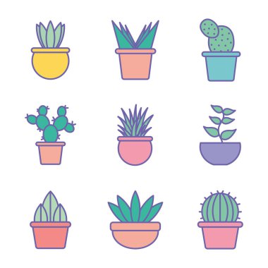 Tencere çizgisi içinde izole edilmiş bitkiler ve biçim ikonu vektör tasarımı