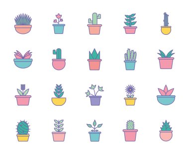 Tencere çizgisi içinde izole edilmiş bitkiler ve biçim ikonu vektör tasarımı