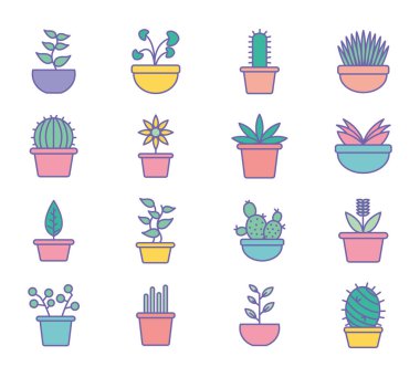 Tencere çizgisi içinde izole edilmiş bitkiler ve biçim ikonu vektör tasarımı