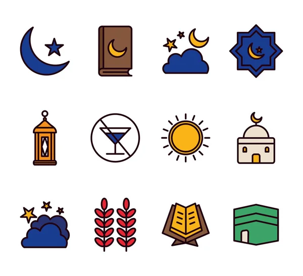 Ramadan line and fill style icon set vector design — Stockvektor