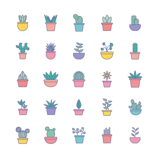 Plantes isolées à l'intérieur des pots ligne et le style de remplissage icône set vectoriel design — Image vectorielle