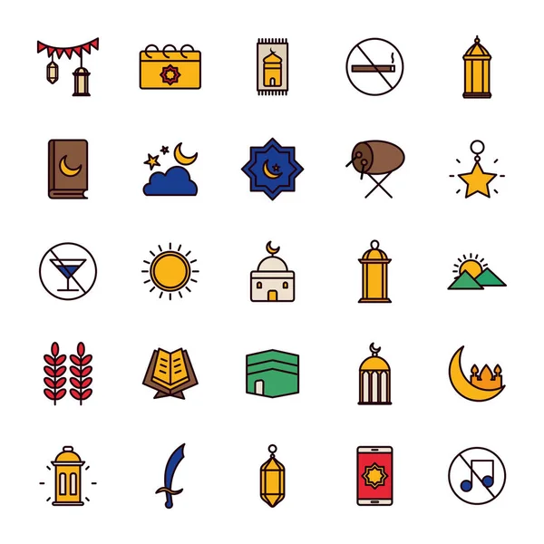 Ramadán línea y relleno icono estilo conjunto vector diseño — Archivo Imágenes Vectoriales