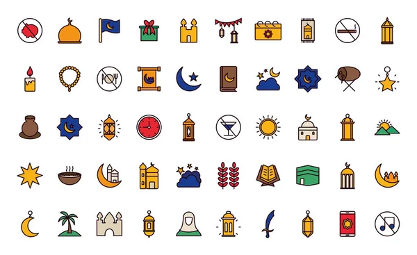 Ramadan line and fill style icon set vector design — Stockvektor