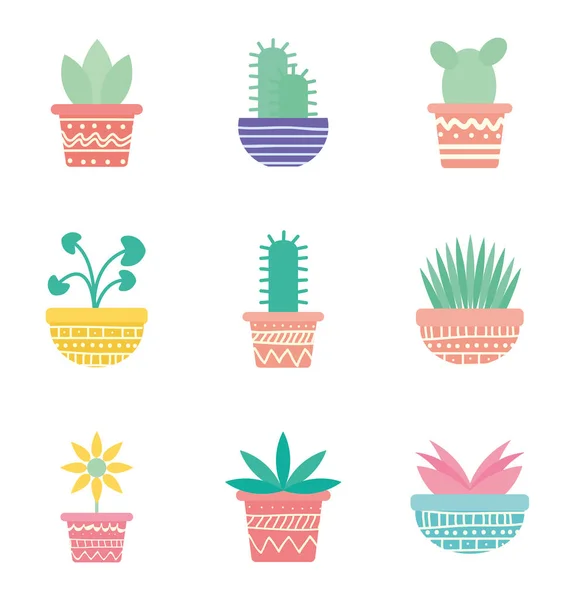 Plantes isolées à l'intérieur des pots bloc dégradé style icône ensemble vectoriel design — Image vectorielle