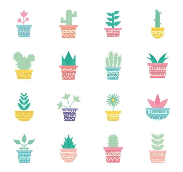 Plantes isolées à l'intérieur des pots bloc dégradé style icône ensemble vectoriel design — Image vectorielle