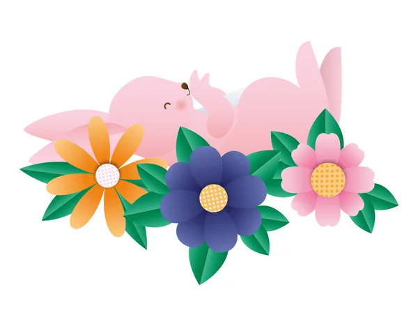 Schattig konijn cartoon met bloemen en bladeren vector ontwerp — Stockvector