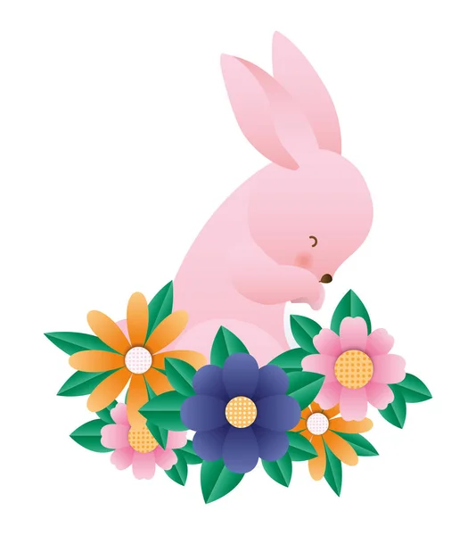 Милий кролик мультфільм з квітами та листям Векторний дизайн — стоковий вектор