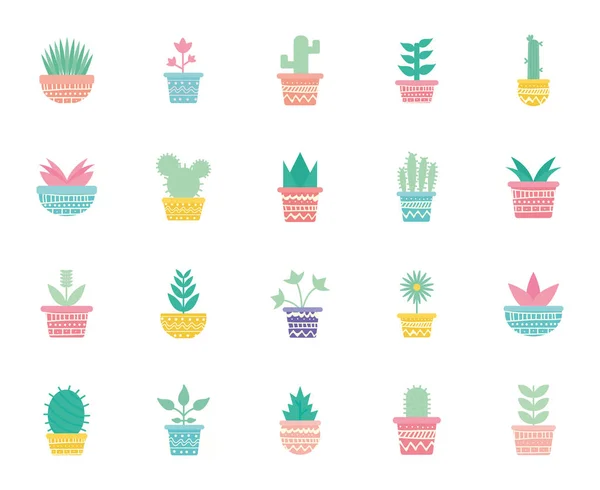 Plantes isolées à l'intérieur des pots bloc dégradé style icône ensemble vectoriel design — Image vectorielle