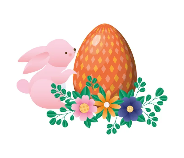 Счастливый пасхальный кролик с яичными цветами и векторным дизайном листьев — стоковый вектор