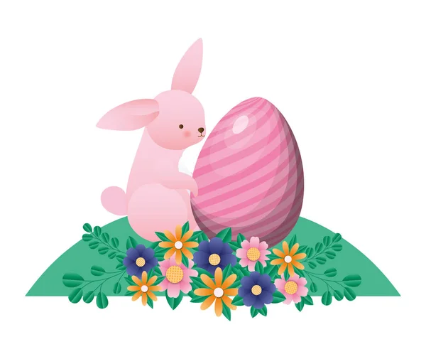 带着蛋花的快乐的复活节兔子和树叶病媒设计 — 图库矢量图片