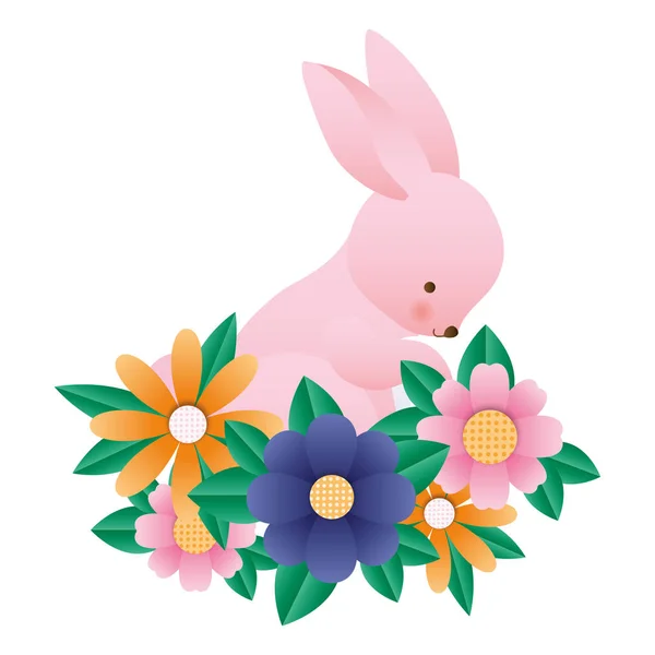 Niedliche Kaninchen-Karikatur mit Blumen und Blättern Vektor-Design — Stockvektor