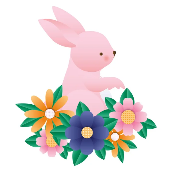 Cute rabbit cartoon with flowers and leaves vector design — Stock Vector