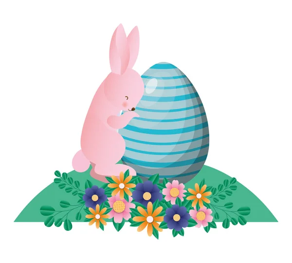 Feliz conejo de Pascua con flores de huevo y hojas diseño vectorial — Vector de stock