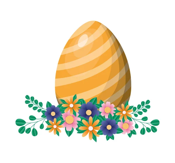 Felice uovo di Pasqua con fiori e foglie disegno vettoriale — Vettoriale Stock